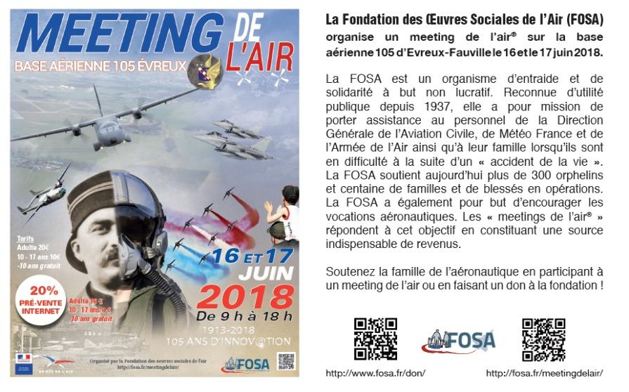 La Fondation des Oeuvres Sociales de l’Air (FOSA) organise un meeting de l’air® sur la base aérienne 105 d’Evreux-Fauville le 16 et le 17 juin 2018. – Air&Cosmos