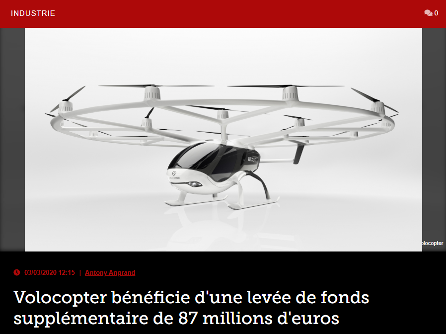 Volocopter bénéficie d&rsquo;une levée de fonds supplémentaire de 87 millions d&rsquo;euros