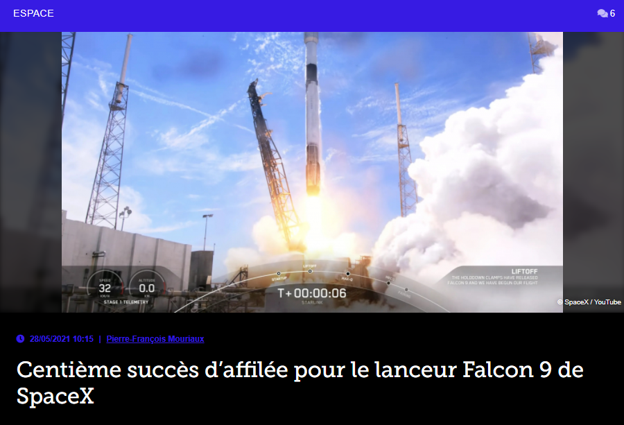 Centième succès d’affilée pour le lanceur Falcon 9 de SpaceX