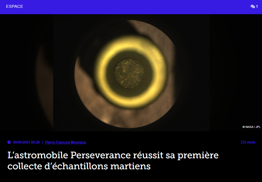 L&rsquo;astromobile persévérance réussit sa première collecte d&rsquo;échantillons martiens