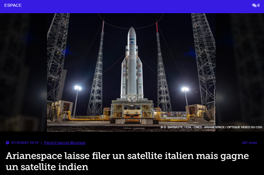 Arianespace laisse filer un satellite italien mais gagne un satellite indien