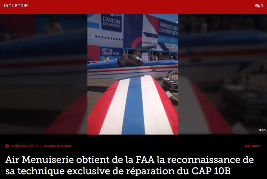 Air Menuiserie obtient de la FAA la reconnaissance de sa technique exclusive de réparation du CAP 10B