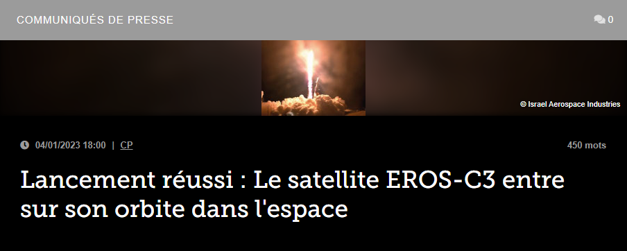 Lancement réussi : Le satellite EROS-C3 entre sur son orbite dans l&rsquo;espace